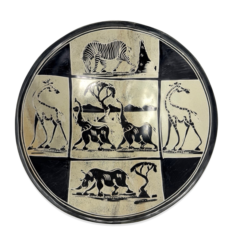 Vintage African Etched Art Pottery Bowl Safari Animal Tribal Decor 10”